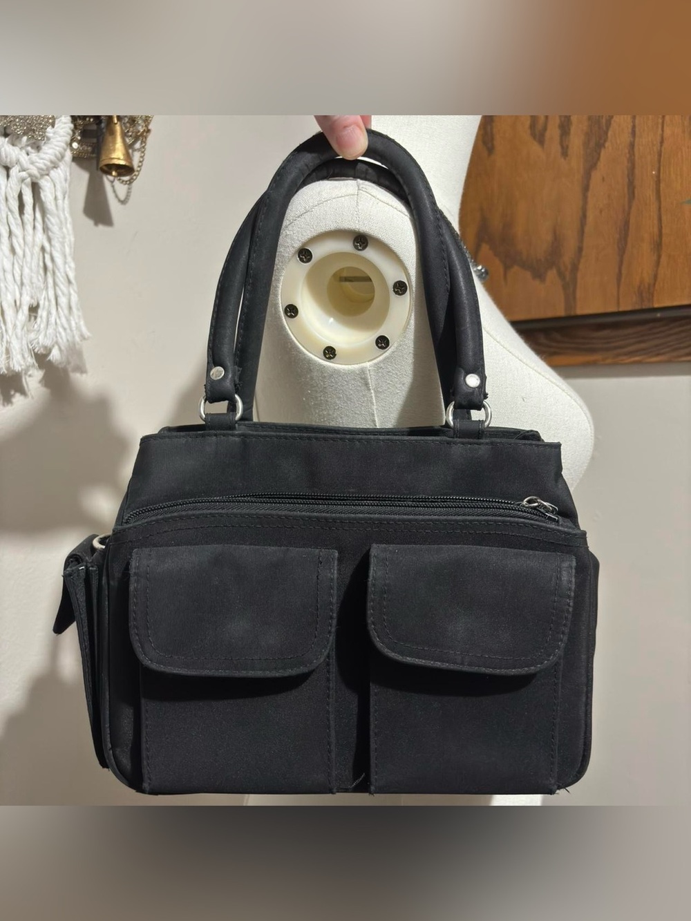 Y2K Vintage Black Double-Pocket Small Top Handle Handbag Purse